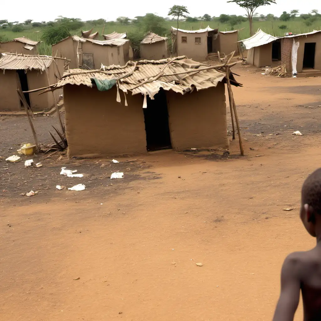 show the poor village where african people are living in, dry weather, dirty, no food, no clean water, ruined houses
