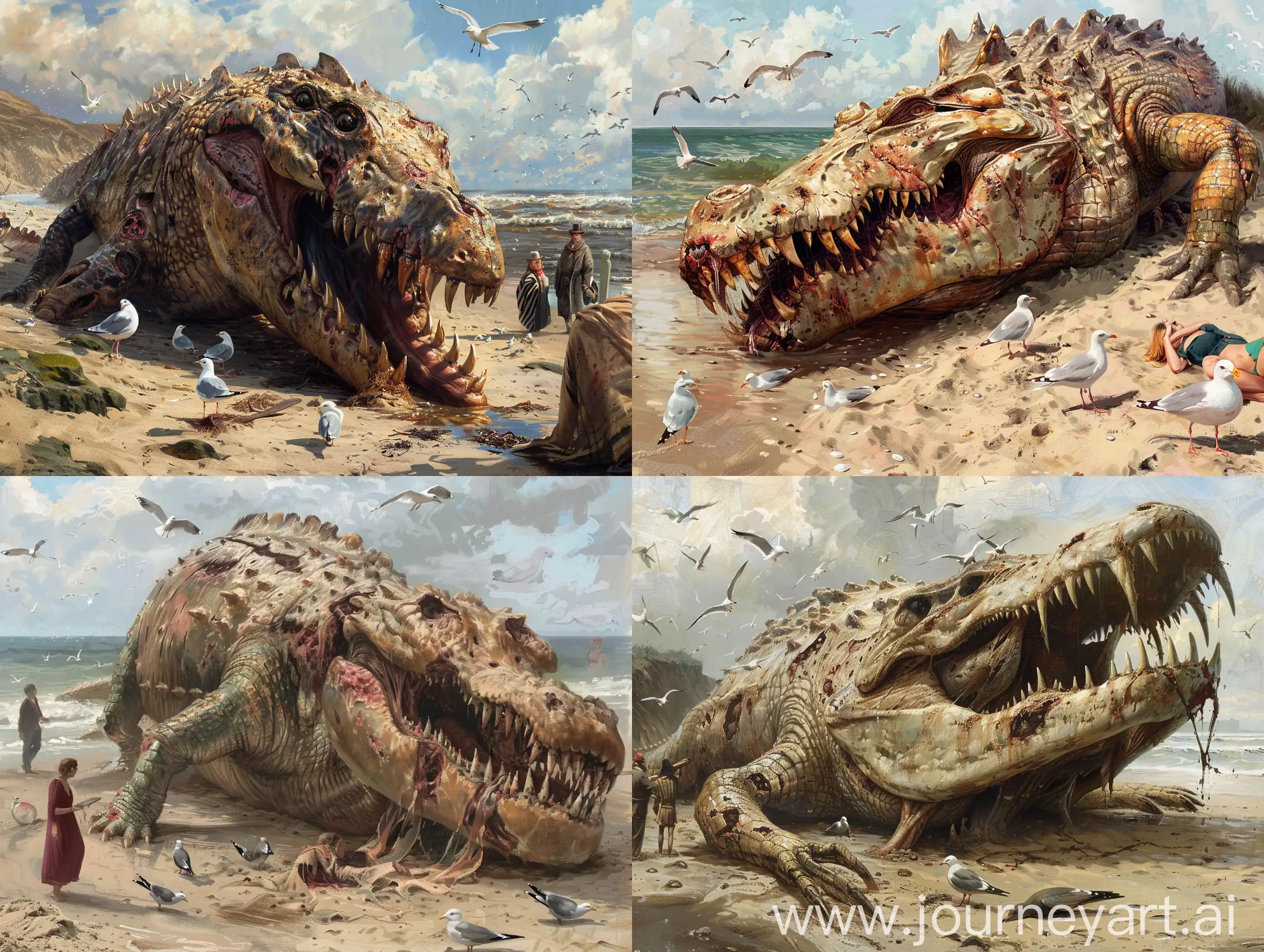  Beached decomposed carcass of crocodile-like kaiju with scarred rotten skin and huge teeth, surrounded by curious tourists and seagulls, early XX century, fantasy. 
