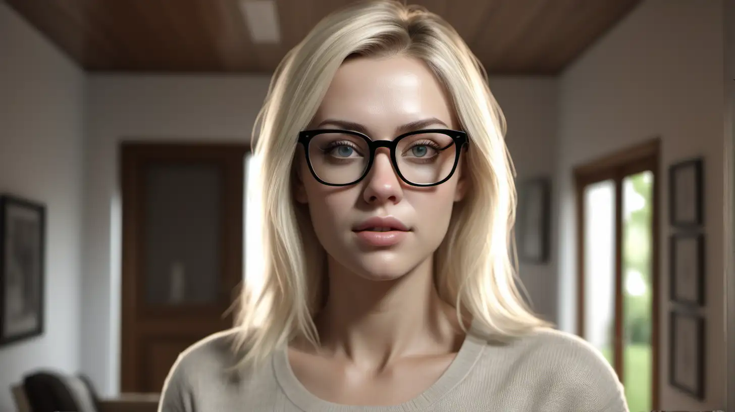 generate an image of a beautiful blonde women in normal clothes ,wearing glassess, looking straight ,inside a house  .ultra realistic, very detailed . Like a real person
