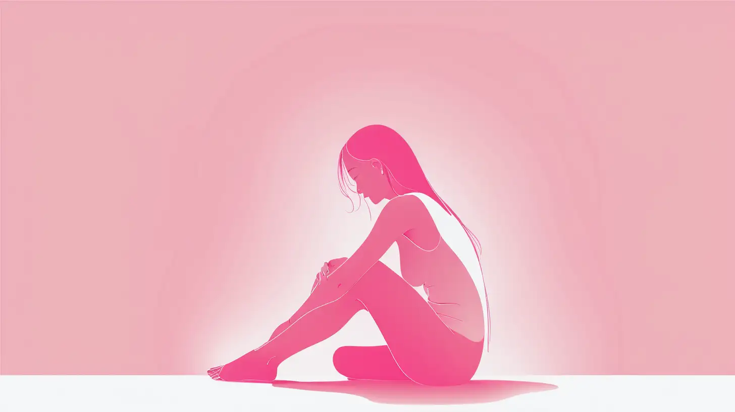 simple minimalist illustration of a beautiful woman sitting down, embracing herself. On a white and pink gradiant background