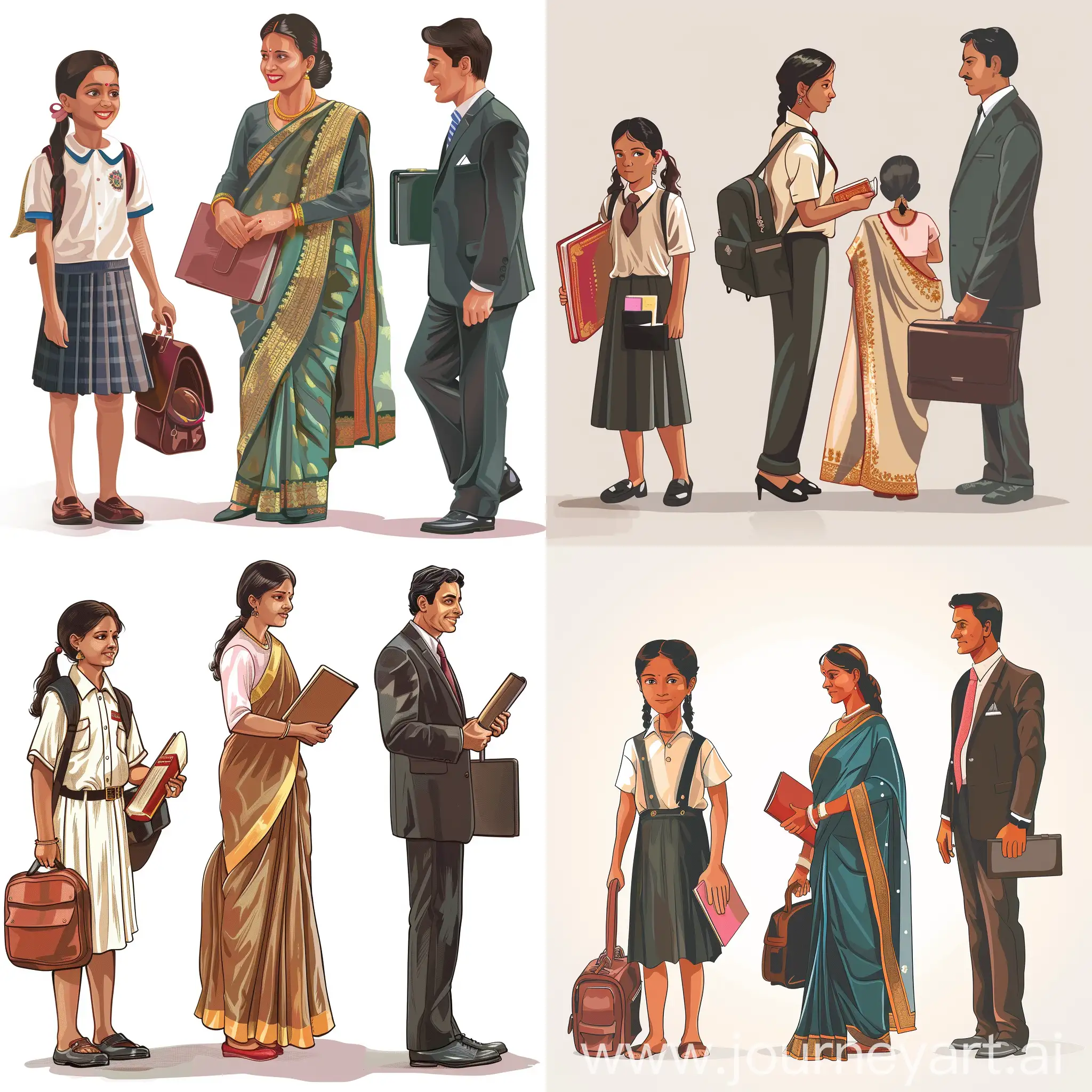 "Generate a detailed image portraying three Indian characters in one scene :  1. A school girl (5-10 years old) in a traditional uniform, holding a book or backpack.  2. A housewife (early 30s) in a saree or salwar kameez, engaged in household activities.  3. A professional man (early to mid-30s) in formal attire with a briefcase.  Ensure cultural accuracy and sensitivity, depicting their roles and environments authentically."