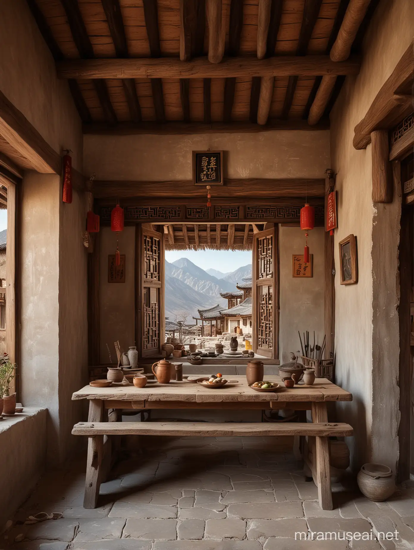 中国风山寨，土房子，旧旧的室内，有一个时间久远旧旧的寨主桌子，正面，全景，高品质，多细节，高清