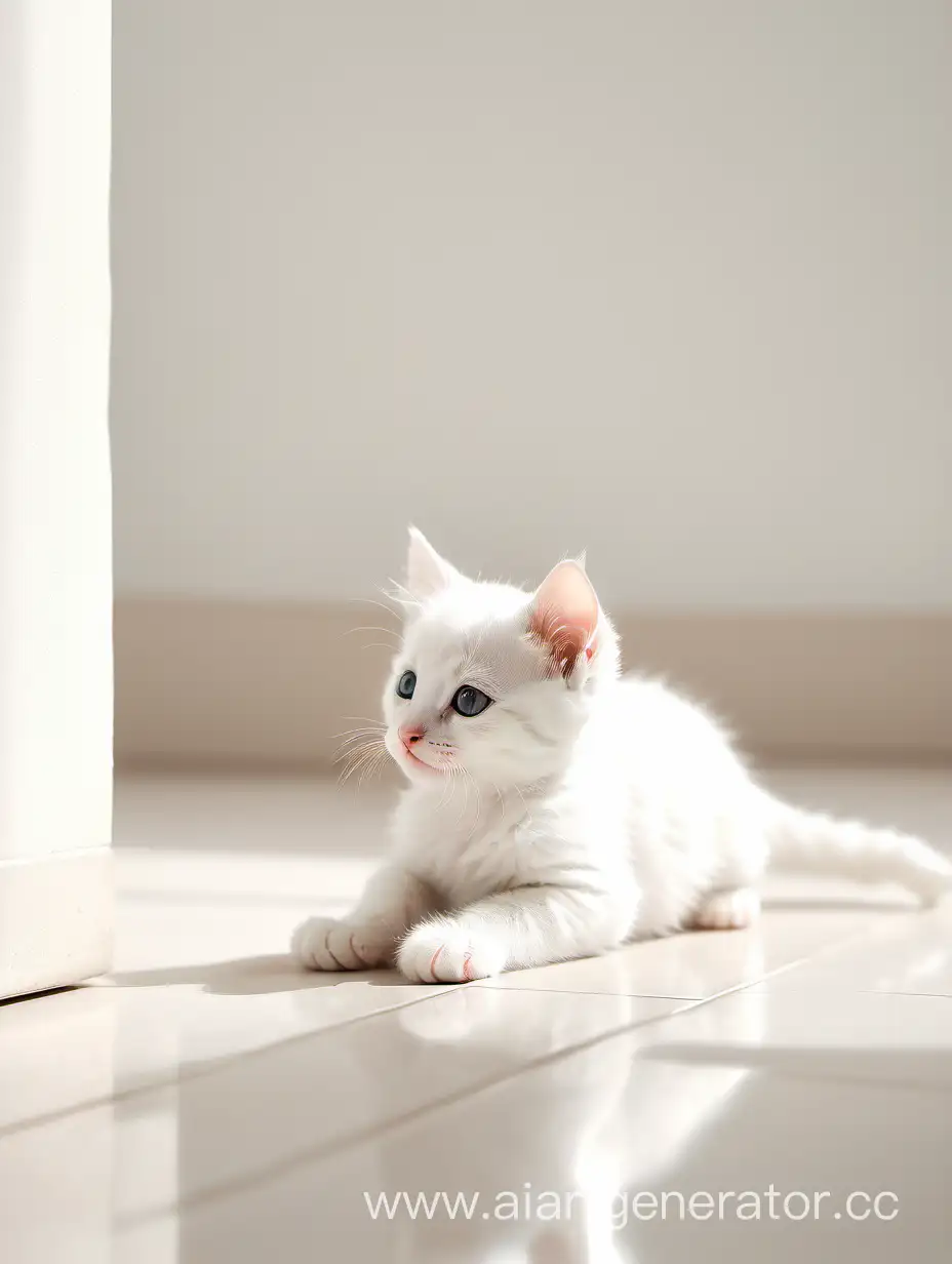 a photo of a minimalistic room in soft colors, with a soft floor. A joyful little white kitten lies on the floor, looking up in profile.
