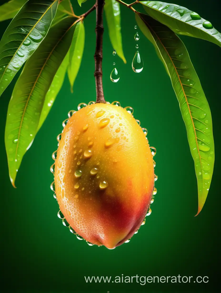 Vibrant-African-Mango-with-Refreshing-Water-Drops-on-Green-Background