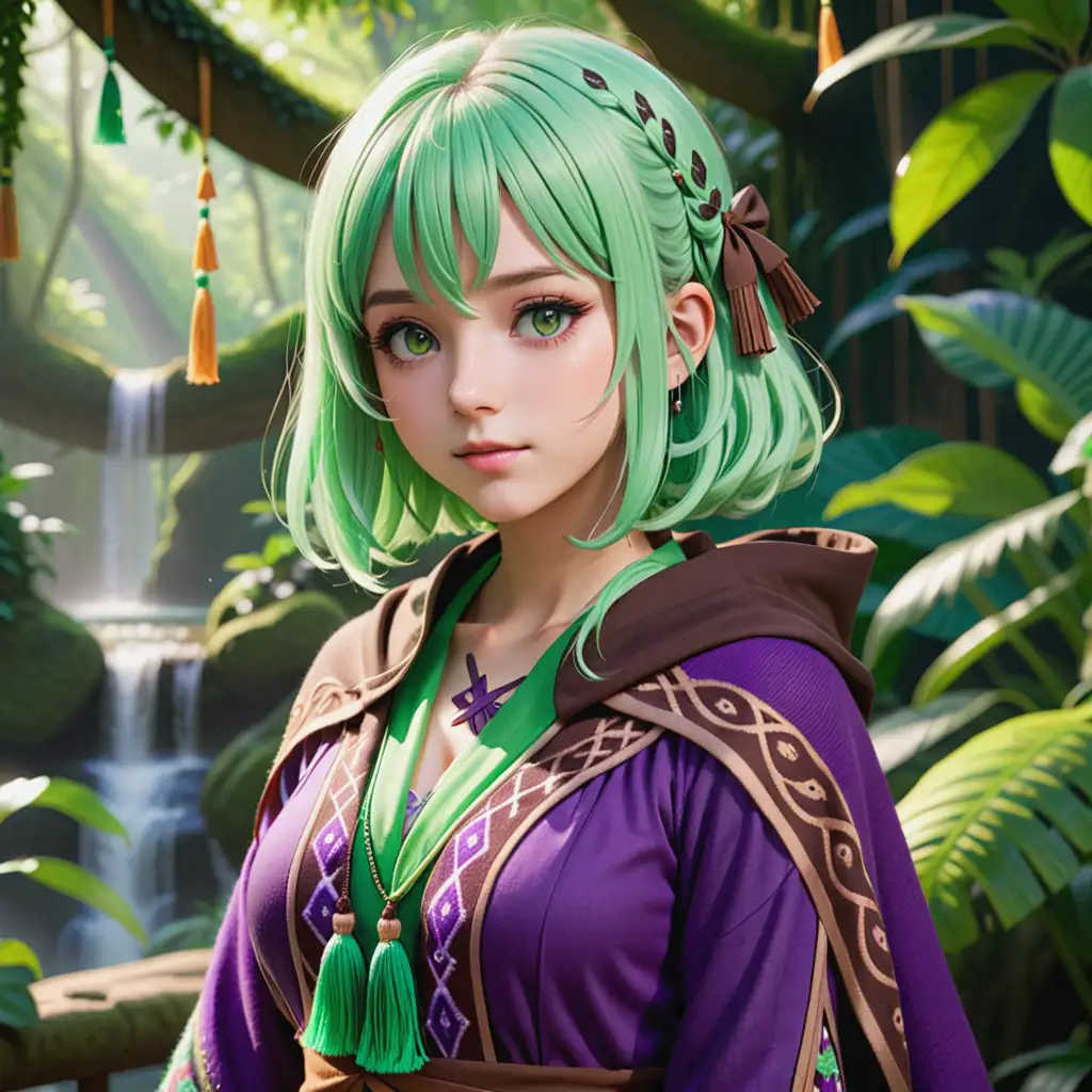Collei from Genshin Impact as teenage girl, medium length light green hair, bangs, purple eye color, brown embroidered dress with green and brown knitted shawl with green tassels, in a rainforest