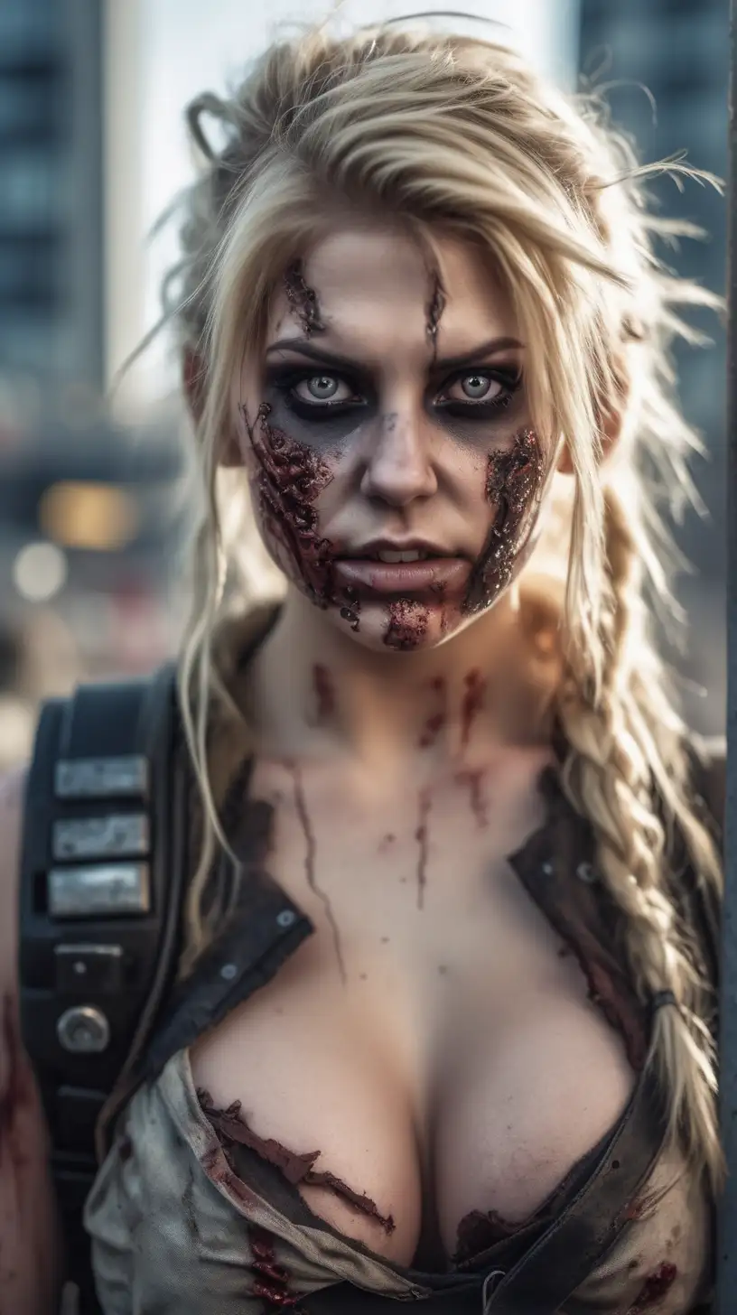 Beautiful Nordic woman, very attractive face, detailed eyes, big breasts, dark eye shadow, messy blonde hair, wearing a zombie cosplay outfit, extreme close up, bokeh background, soft light on face, rim lighting, facing away from camera, looking back over her shoulder, standing in front of a post apocalyptic city, photorealistic, very high detail, extra wide photo, full body photo, aerial photo