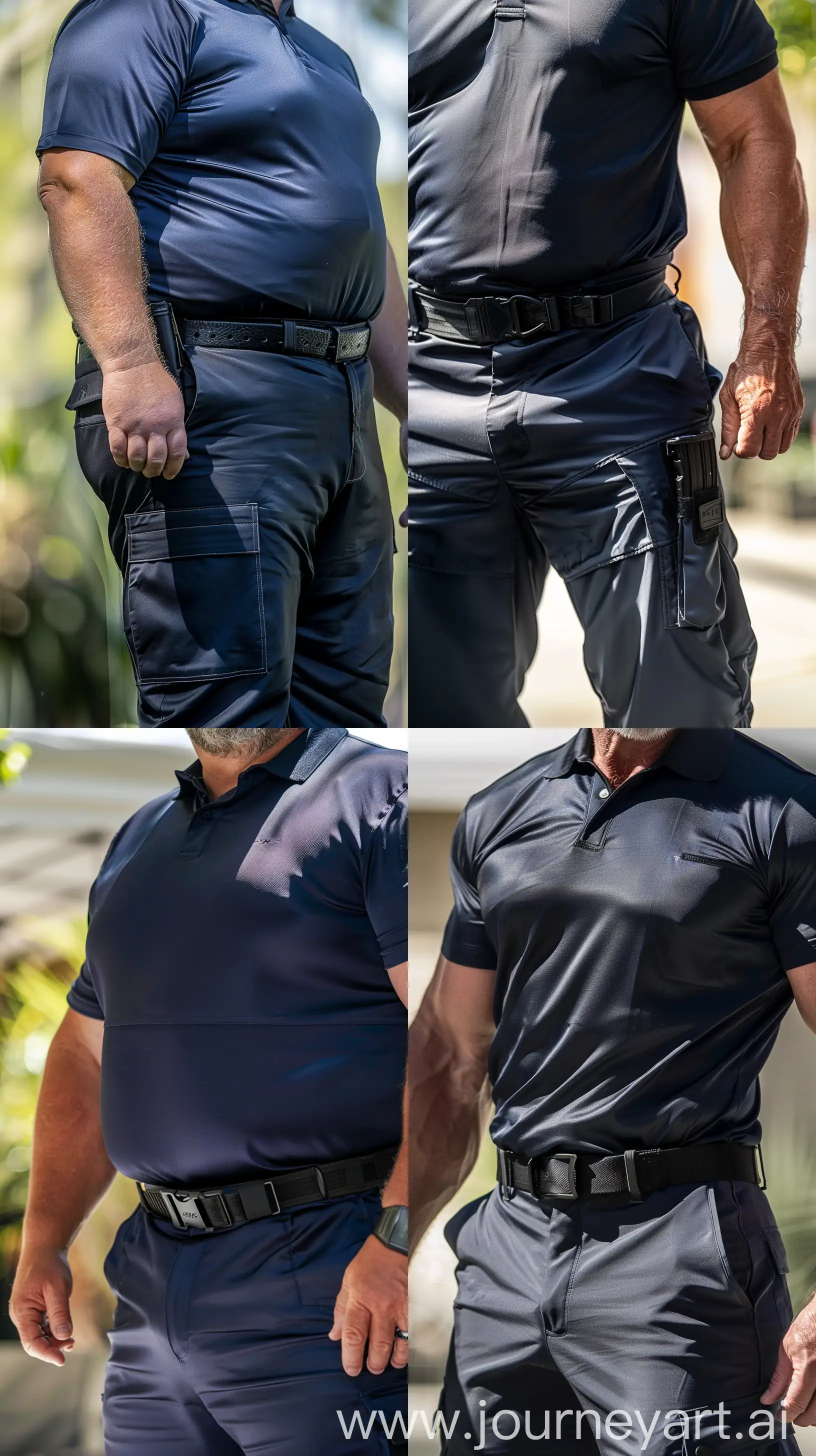 Close-up chest-level full body photo of a serious fat man aged 60 wearing a silk navy battle pants and a tucked in silk navy sport polo. Black tactical belt. Outside. Natural light. --style raw --ar 9:16