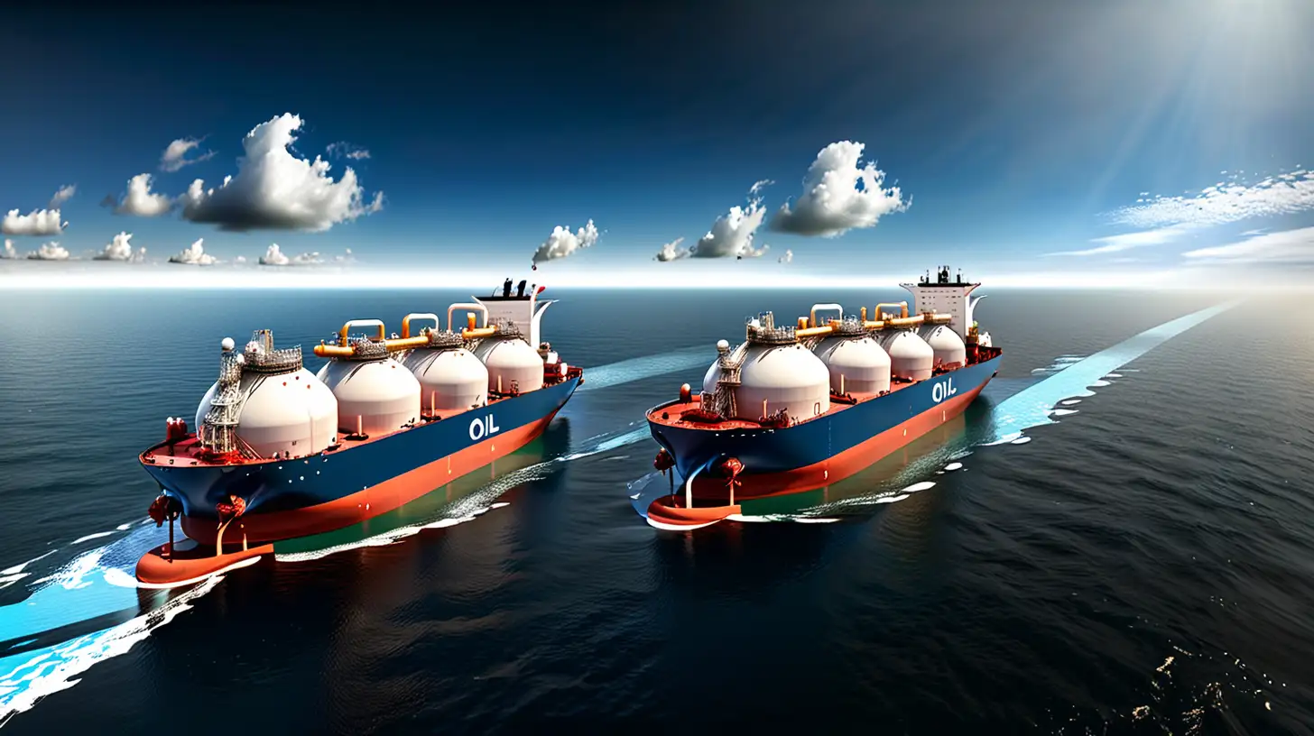 oil, lng gas being transported by lng ships in sea very realistic, during the day, blue sky, no clouds, make it so REAL