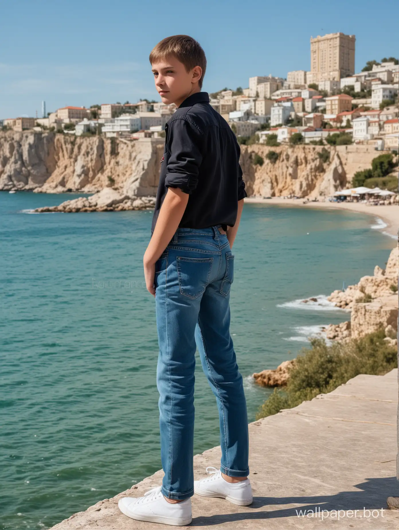 русский школьник 13 лет в Крыму на фоне моря, в полный рост, динамичные позы, люди и строения на заднем плане, обтягивающие джинсы, попка, вид сзади