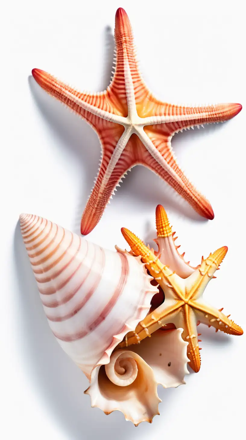 conch shell, starfish, white background

