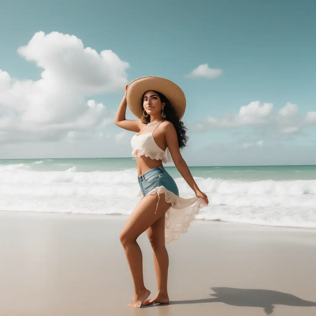 create a photo of a latino woman posing on a on a mexican beach