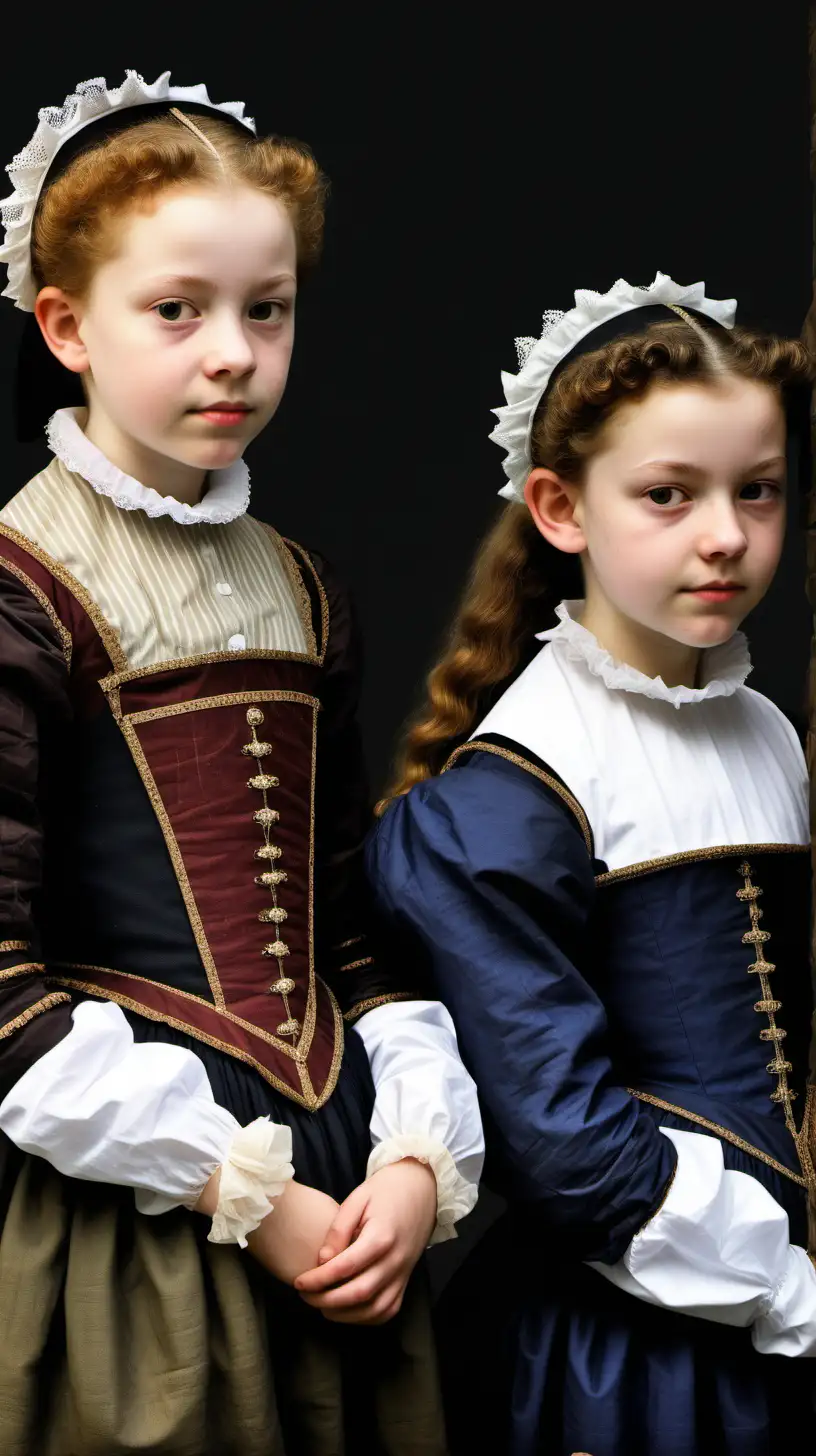 A color profile photo of Elizabethan girls, aged 12 and 15. Both stand sombre. They wear humble work clothes. Set in 1595. 