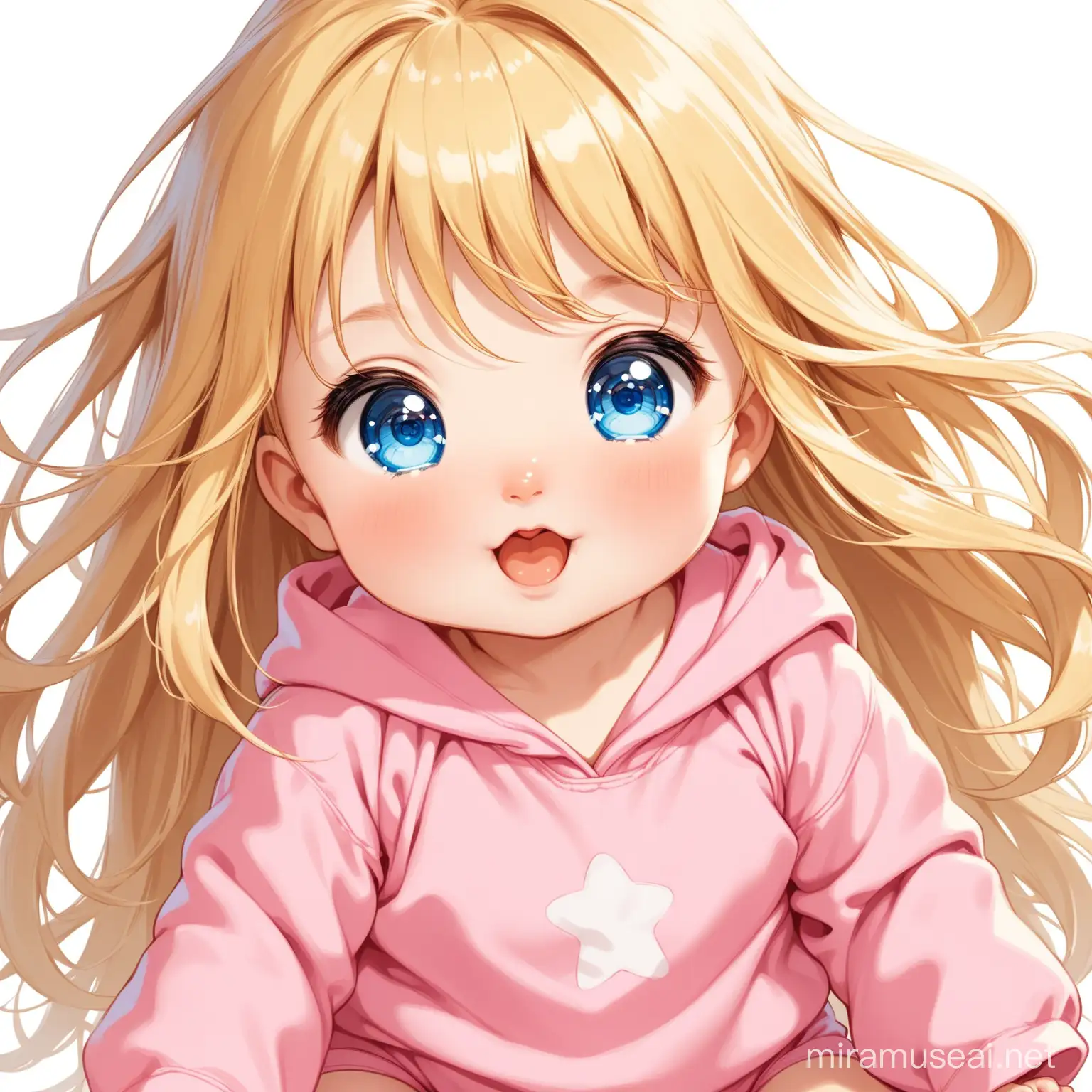 Cute and happy baby girl with blue eyes, messy long blonde hair wearing a pink onsie.