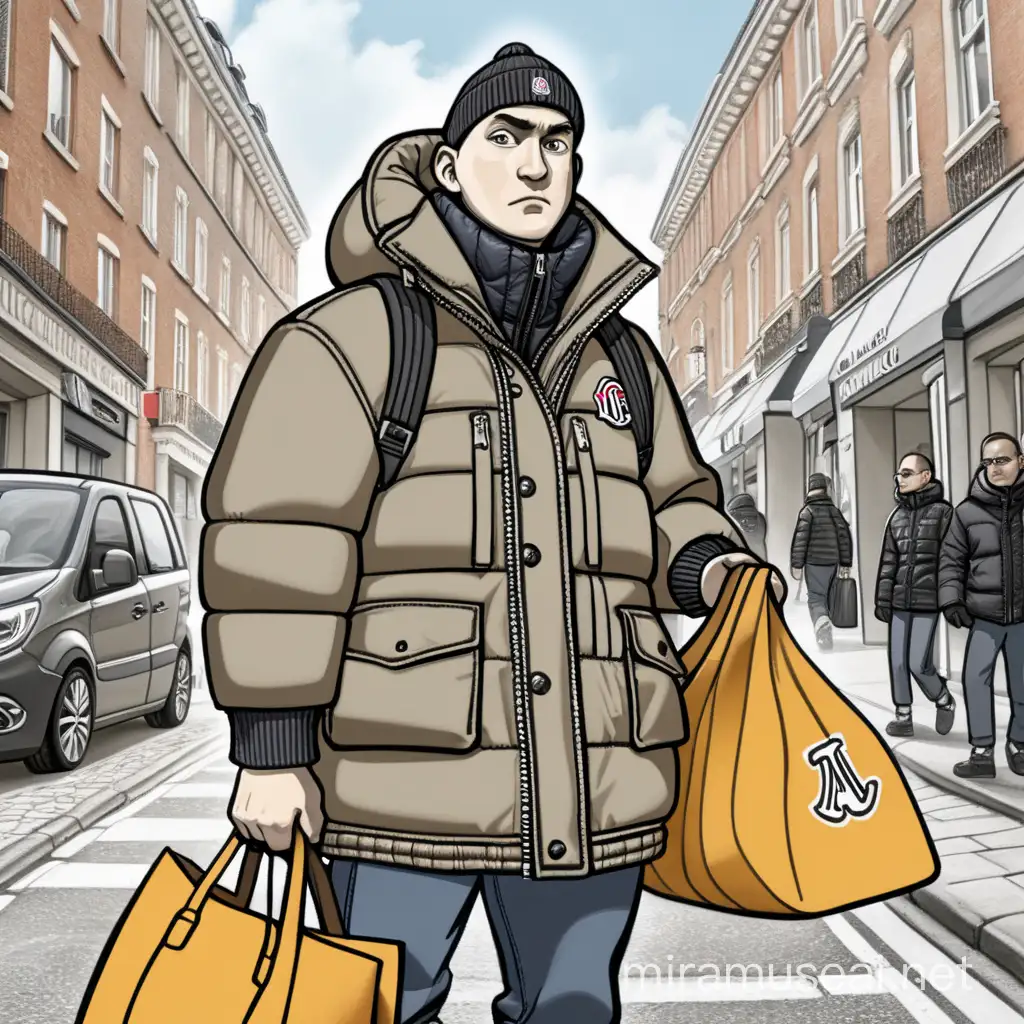 Cartoon Hooligan in Moncler jacket, holding large bags , in street 