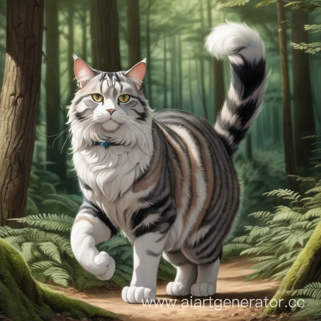 A LARGE MALE CAT WITH A LARGE TAIL IN THE WOODS