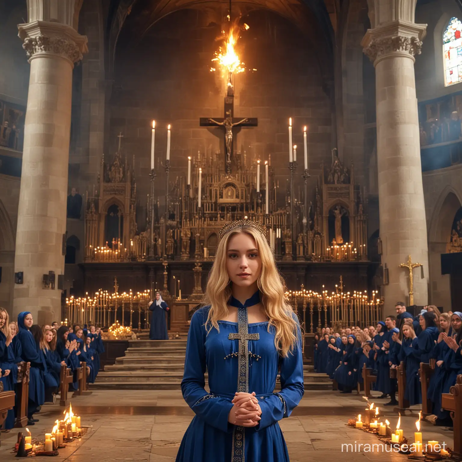 Teenage Empress Goddess in Blue Outfit and Rabbi Clothes at Altar in Old Catholic Church