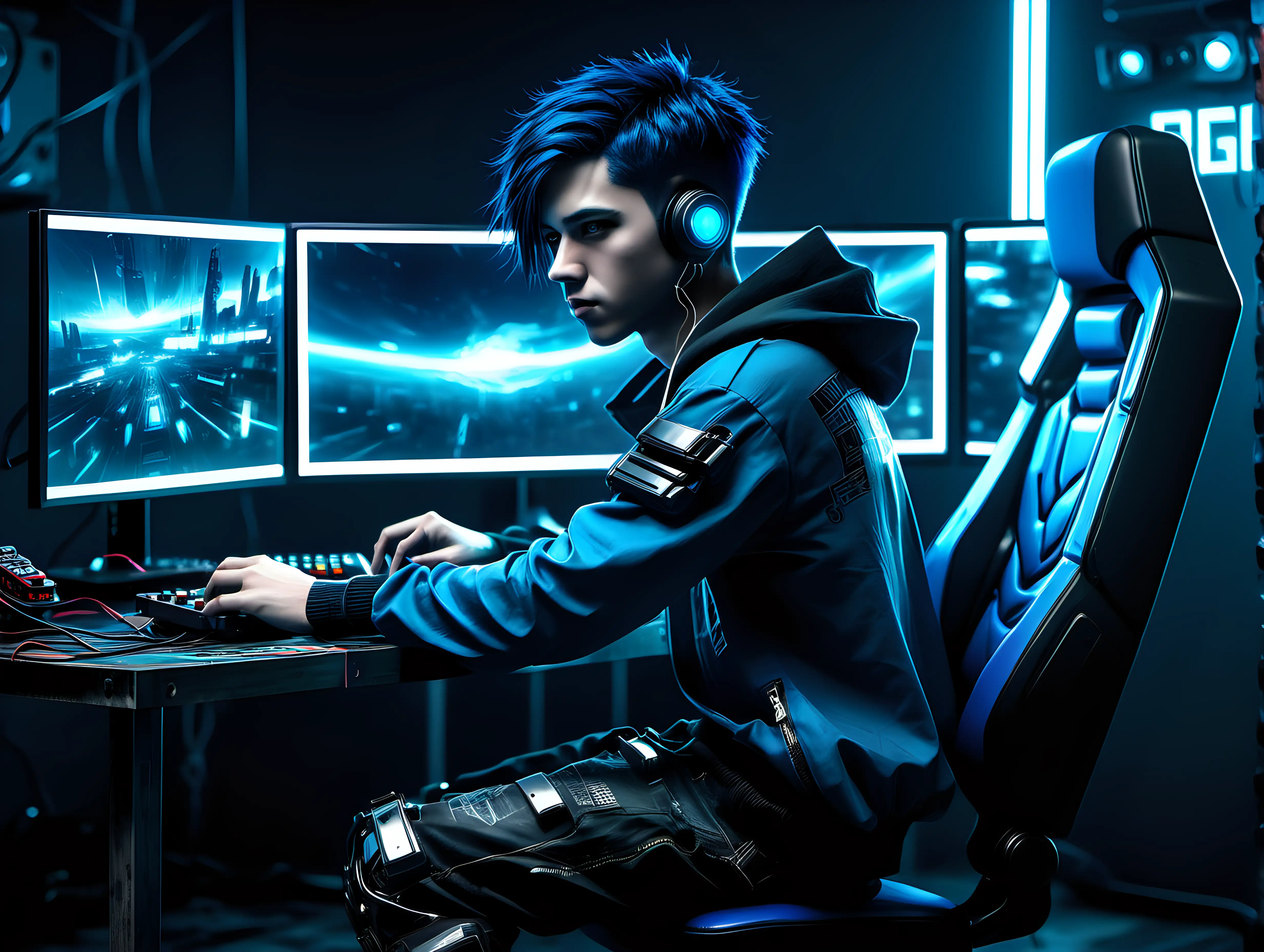 Create a cyberpunk boy with dark ocean blue short hair who is sitting infront a gamingsetup