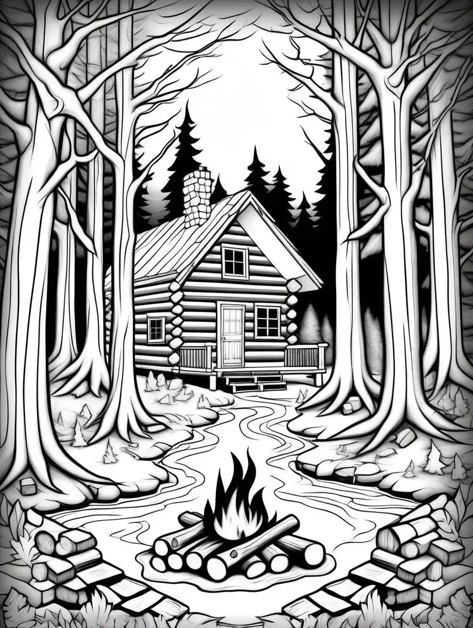 Woodland Log Cabin Coloring Page with Campfire