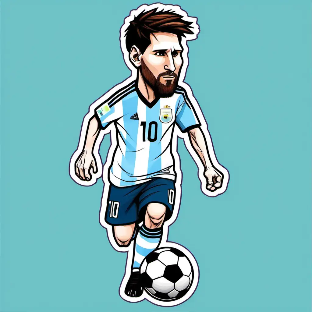 Character:
Lionel Messi cartoon sticker style
Pose: Shooting a soccer ball with his right foot, leg extended backwards for power.
Background: Transparent (so it can be placed on any background)
Optional details:

    Messi wearing his Argentina national team jersey (light blue and white stripes)
    Number 10 on the back of his jersey
    Soccer ball with a slight blur to show the speed of the kick

