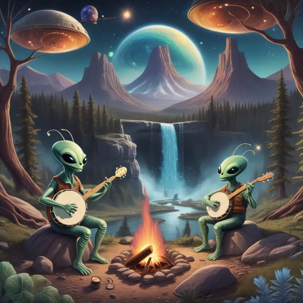 A cosmic scene with only two aliens playing banjos around a campfire with mountains, a forest and a waterfall in the background 