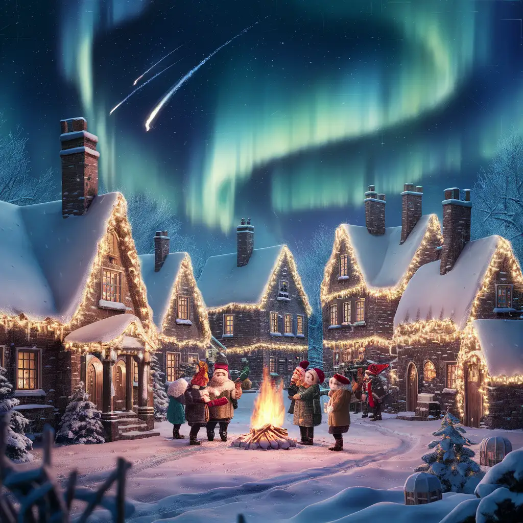 Enchanting-Christmas-Eve-Village-Scene-with-Aurora-Borealis-and-Shooting-Stars