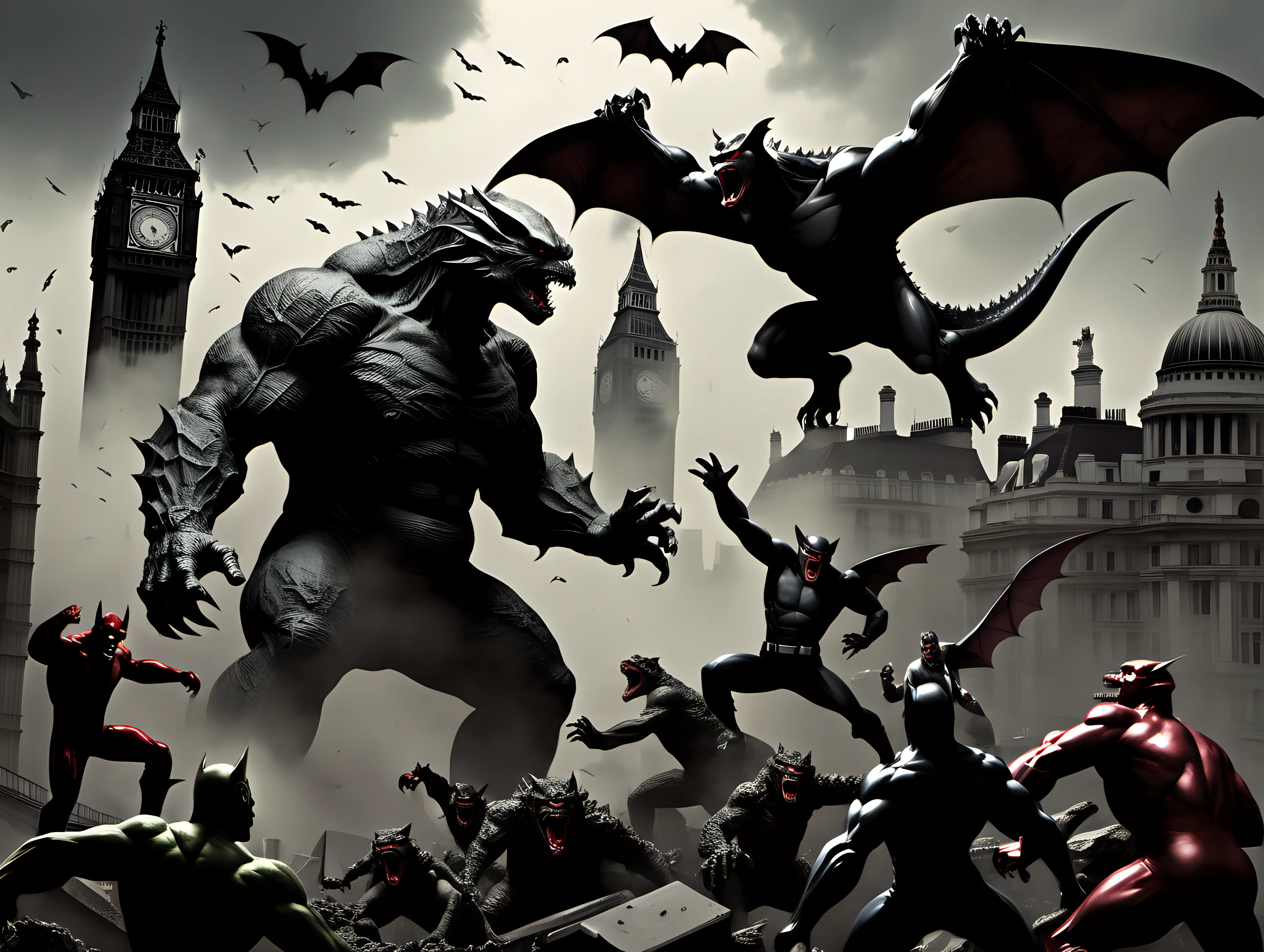 The Avengers vs  Godzilla and vampire bats in the middle of London Frank Frazetta style