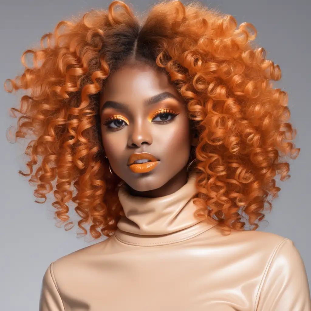 A beautiful black dark skin woman with bright ginger orange hair colored curly afro hairstyle. Wearing a soft pretty makeup look wearing a nude lip gloss color. They are wearing a cream colored leather turtleneck top. 

