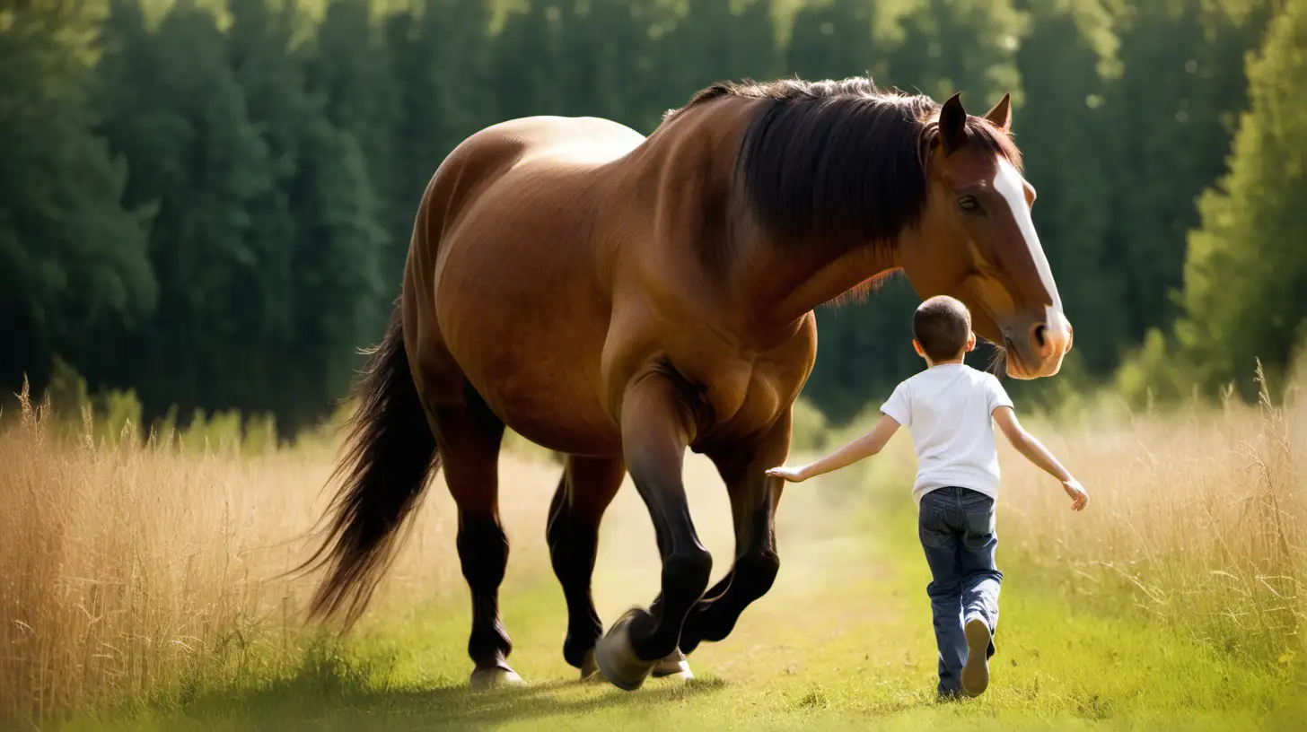 child with big horse wlaking in field