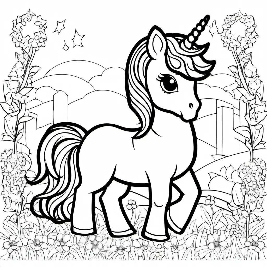 Baby unicorn, Coloring Page, black and white, line art, white background, Simplicity, Ample White Space. The background of the coloring page is plain white to make it easy for young children to color within the lines. The outlines of all the subjects are easy to distinguish, making it simple for kids to color without too much difficulty, Coloring Page, black and white, line art, white background, Simplicity, Ample White Space. The background of the coloring page is plain white to make it easy for young children to color within the lines. The outlines of all the subjects are easy to distinguish, making it simple for kids to color without too much difficulty