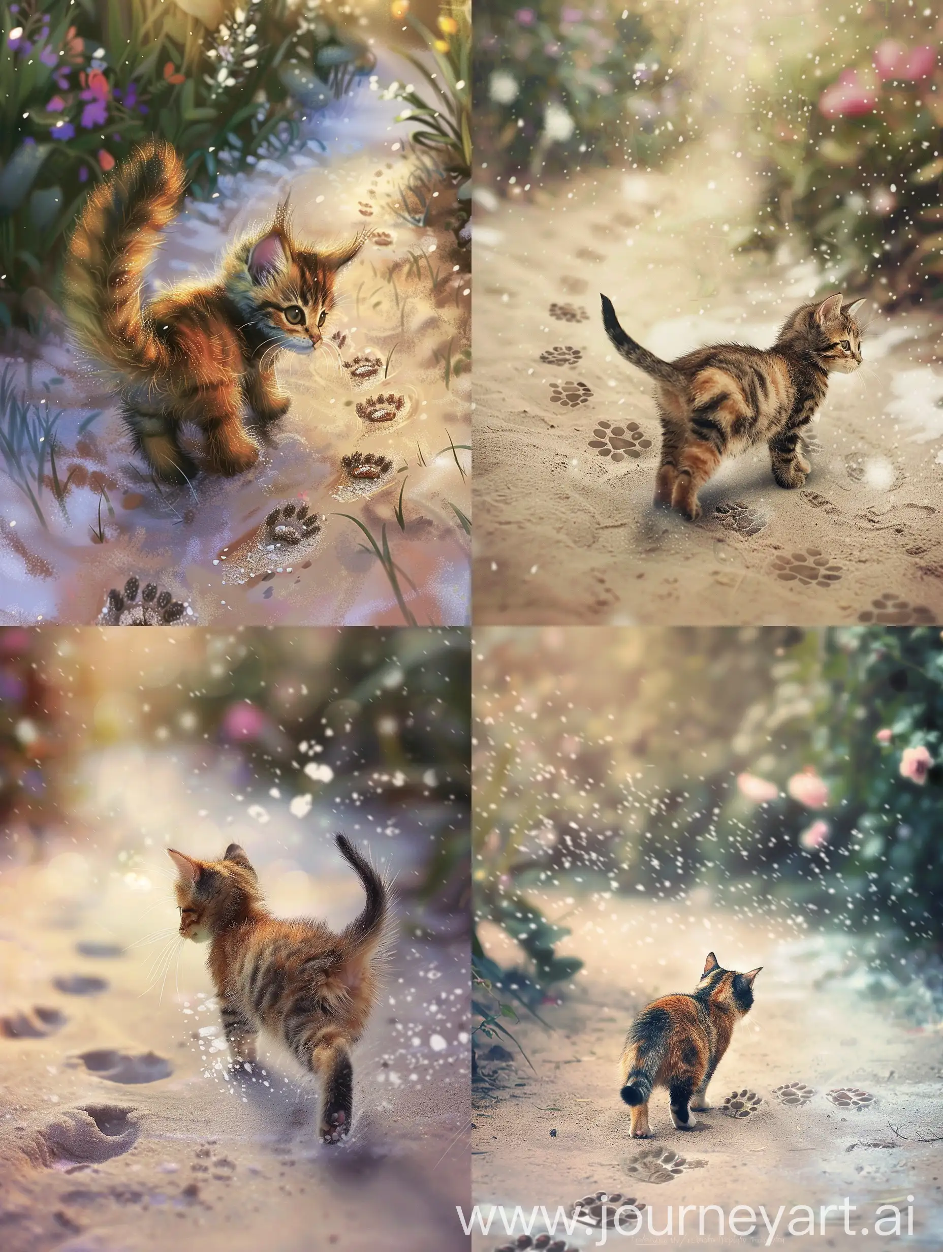 Create a charming and playful image that captures the whimsical nature of a curious cat exploring its surroundings. Envision a small, energetic cat, its fur a blend of vibrant colors, moving across a soft, sandy surface or perhaps a light dusting of snow, leaving behind a trail of delicate paw prints.  The scene is set in an enchanting outdoor environment, maybe a garden or a quiet, snow-covered path, where the beauty of nature is on full display. The background should be alive with the gentle hues of nature, possibly with flowers blooming in the garden or snowflakes gently falling in a tranquil winter scene, adding a sense of magic and wonder to the atmosphere.  The cat, with a look of playful curiosity in its eyes, glances back over its shoulder towards the viewer, as if inviting them to join in on its little adventure. Its tail is held high, a sign of its cheerful and adventurous spirit. The paw prints it leaves behind tell a story of exploration and discovery, leading the viewer's eye through the composition and adding a dynamic element to the peaceful setting.  Incorporate soft, natural lighting to enhance the whimsy and warmth of the scene, casting gentle shadows that dance alongside the cat and its trail of paw prints. The overall image should evoke feelings of joy, playfulness, and the simple pleasures of watching a carefree cat on its exploratory journey.