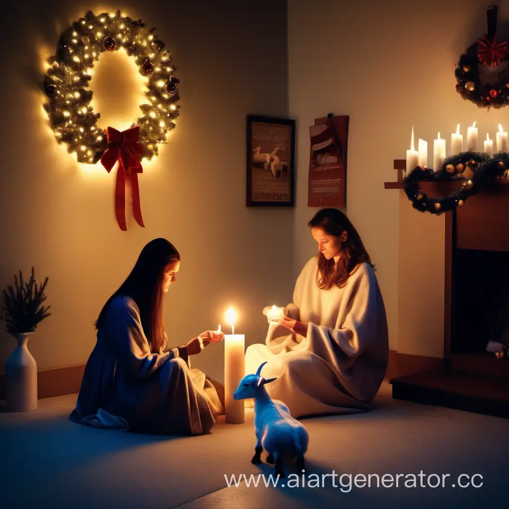 merry christmas, miracle, modern room, twilight light, women with baby, women sitting, women nearby baby goat, big candle, candle on the floor
