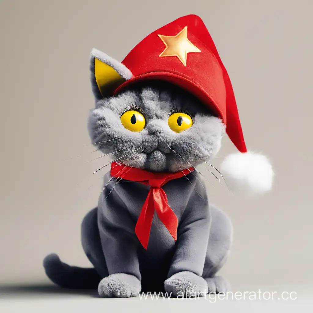 Серый кот с жёлтыми глазами красной шляпой и красным костюмом
