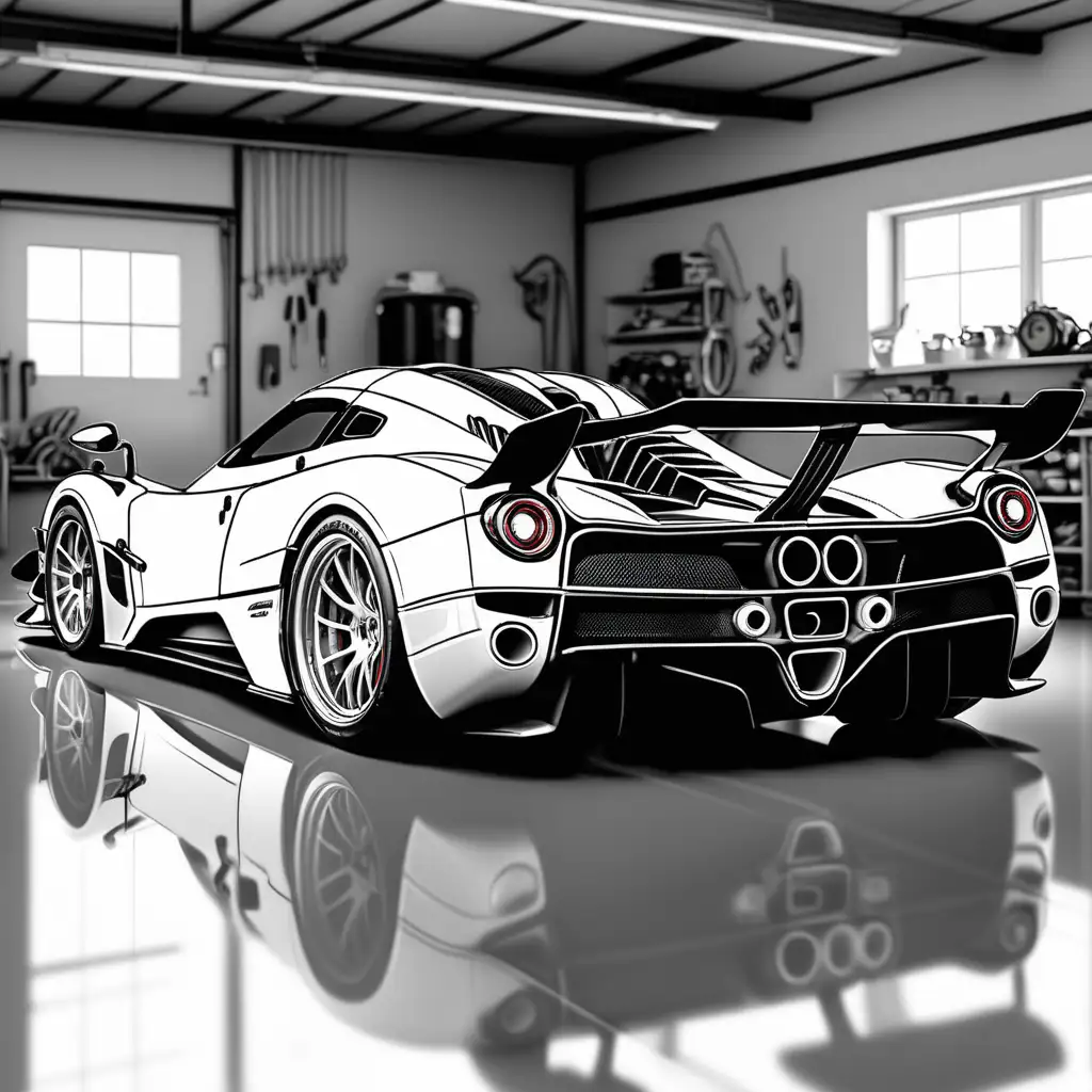 generate me a pagani zonda in a garage in black and white for a children's colouring book