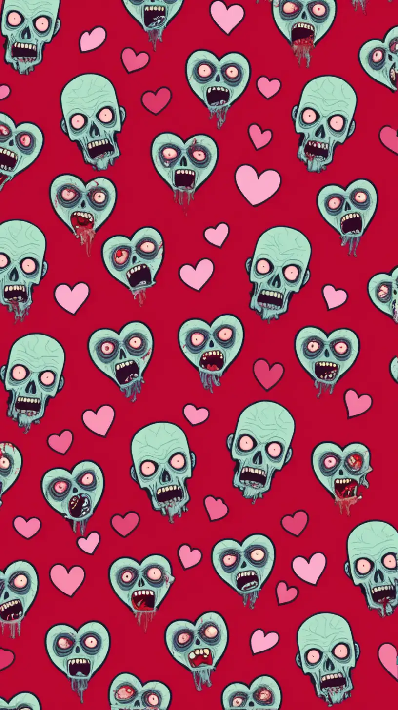 Red Background with Hearts and Zombie Heads Pattern