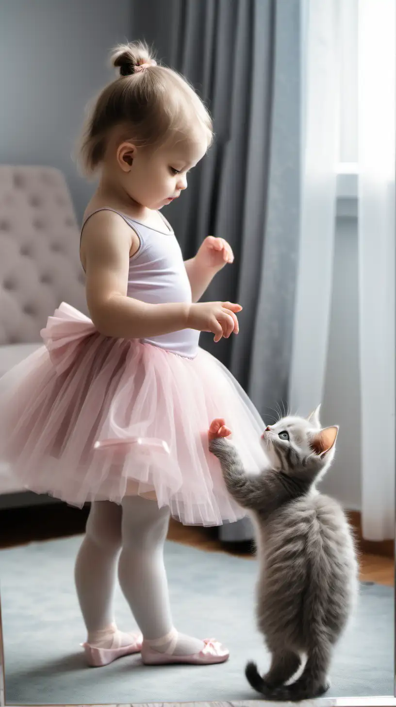 Маленькая серая кошечка в платье балерины стоит дома и смотрит на себя в зеркало 