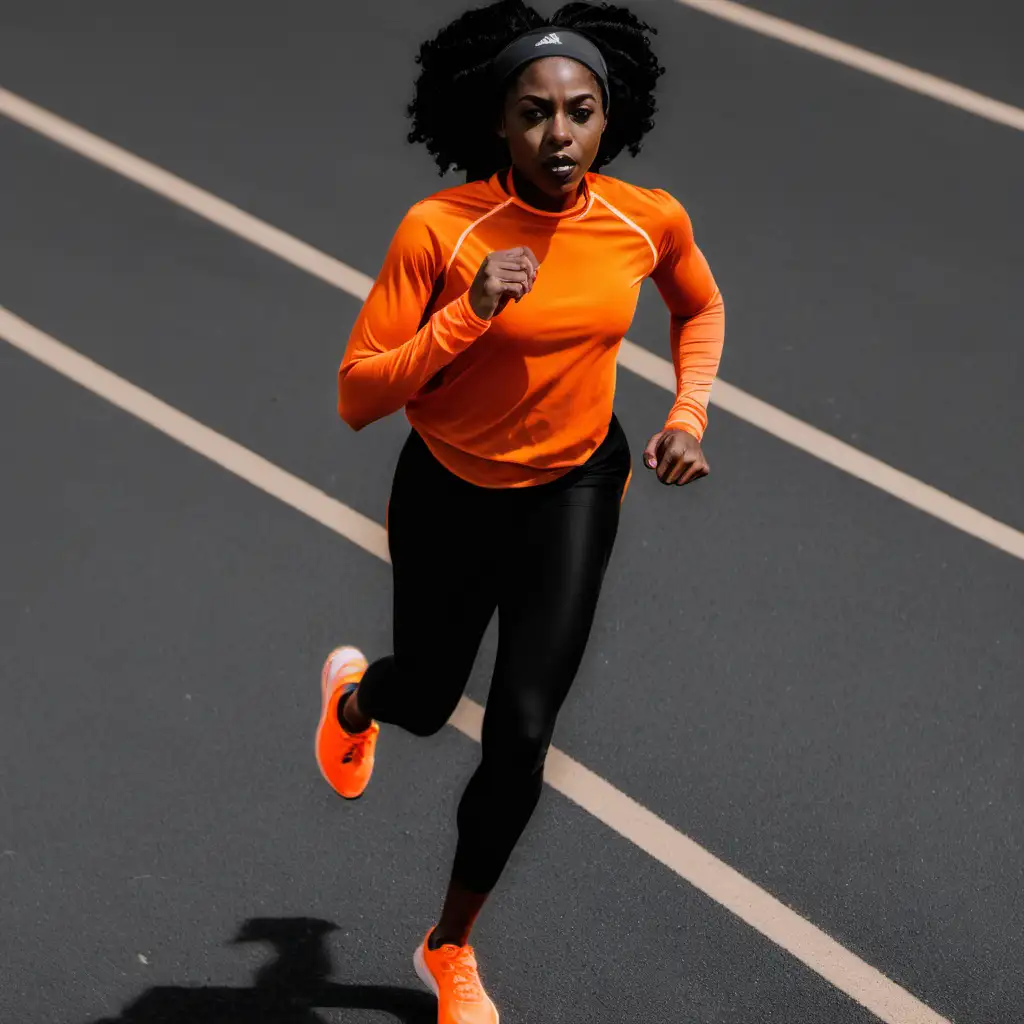 Athletic Black Woman Jogging in Vibrant Orange Attire
