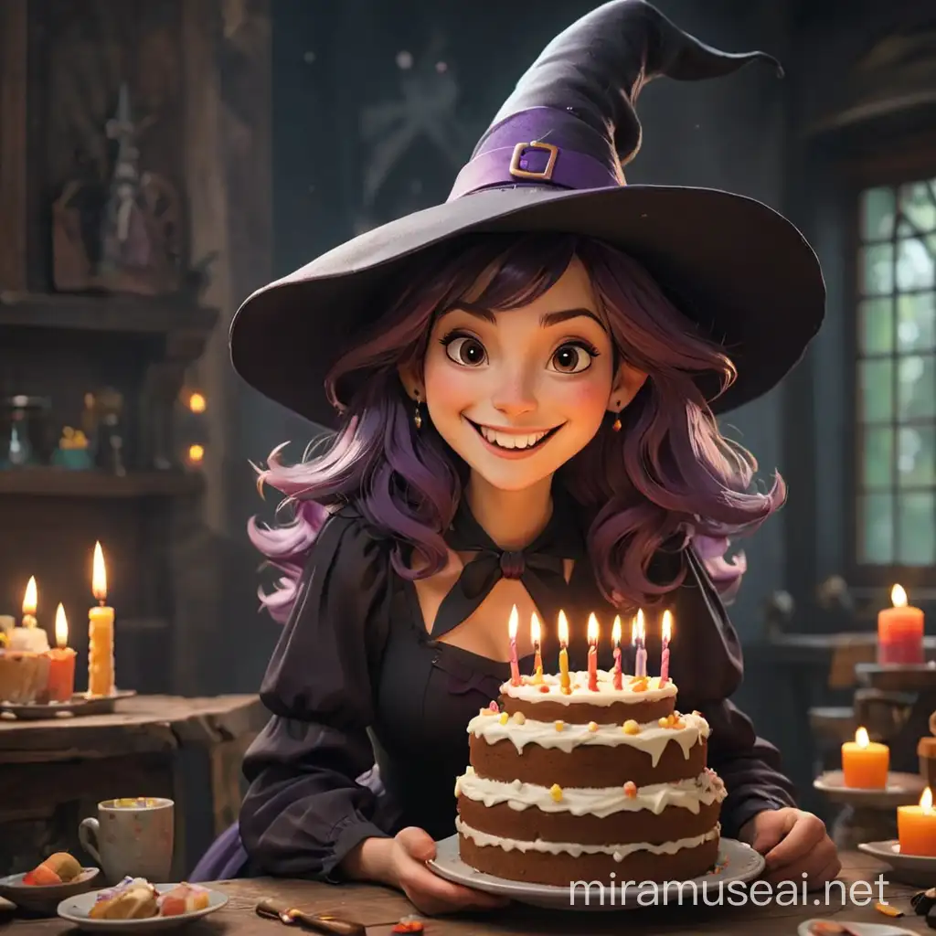 wesoła uśmiechnięta czarownica z tortem urodzinowym