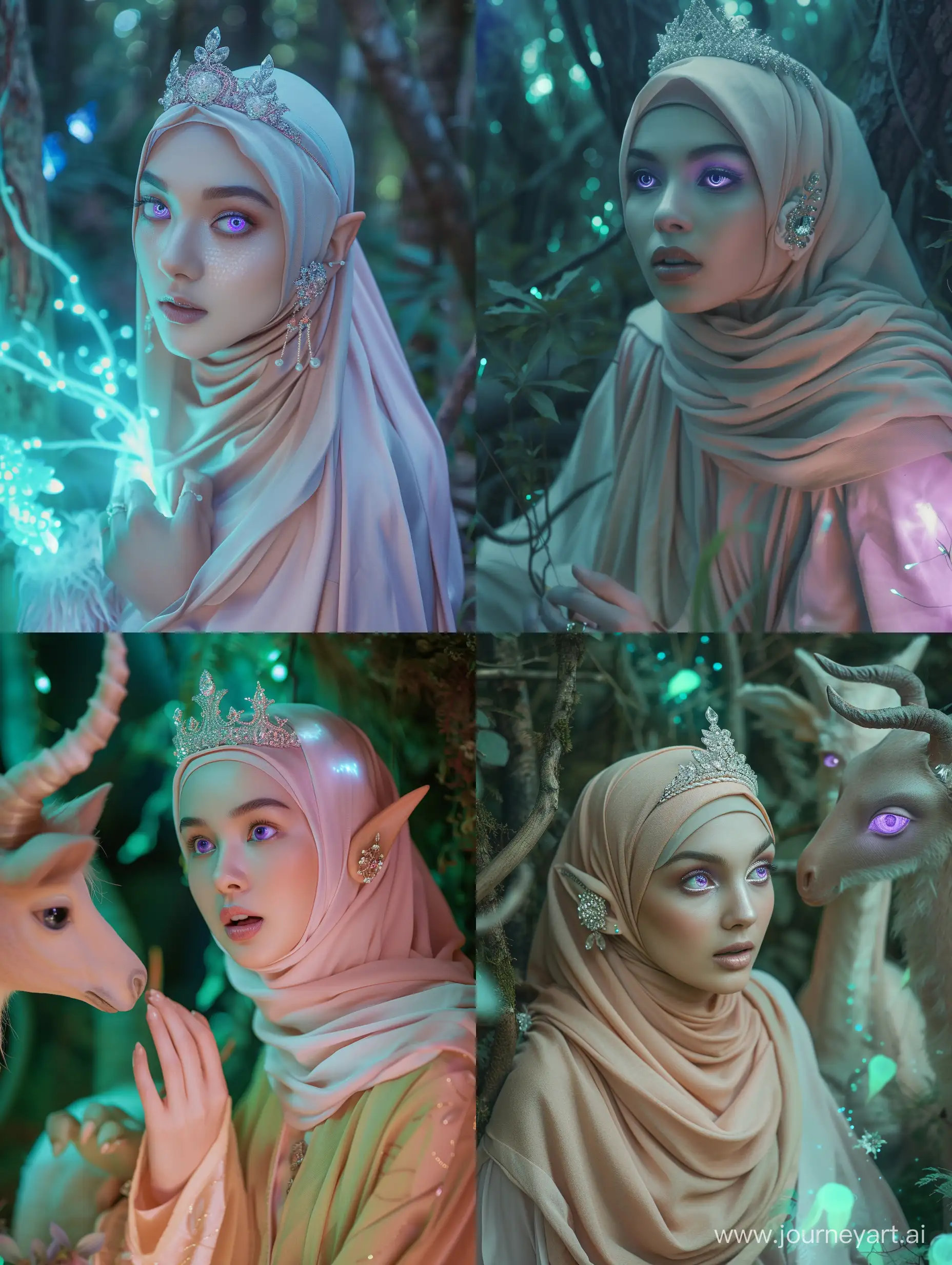 Create a Mystical portrait series set in an enchanted forest. The medium should involve ethereal shots captured on Mystic aura fil. The main subject is a 26-year-old individual expressing an enchanting emotion wearing hijab, with lavender eyes. The photos should capture the subject communicating with magical creatures, dressed in flowing robes with pastel shades. The accessories include a crystal tiara and elfin ear cuff. Ensure that the lighting includes a soft glow from bioluminesence plants. 