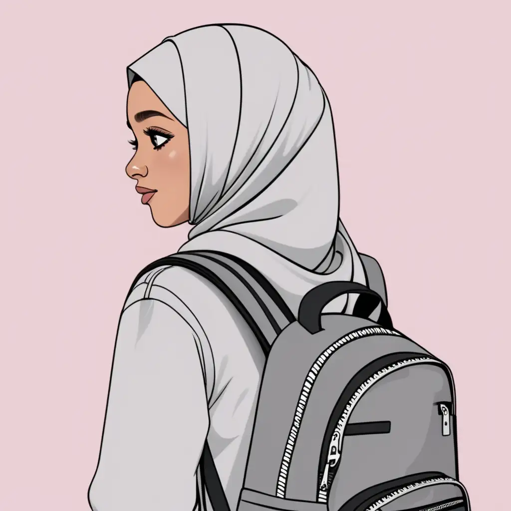 Animation of a Muslim woman wearing a hijab. Backpack. Turn your back to the camera. light pink gray background
