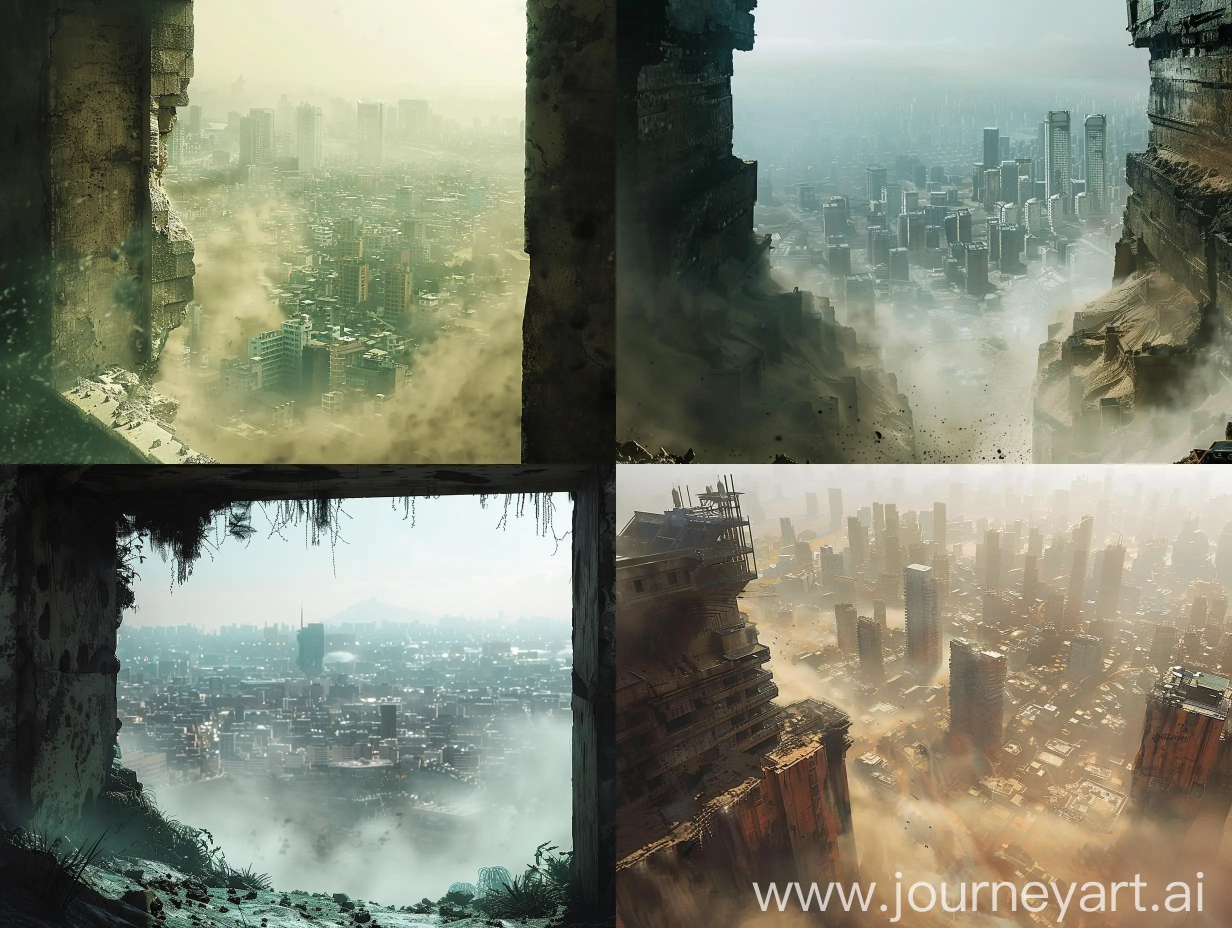 a view of a city from a like a scene from blade runner, city futuristic and clean, dust, city, reminiscent of blade runner, post apocalyptic city, city futuristic in background, city futuristic in background, foggy dystopian world, set in post apocalyptic city, looming over a city, in a tropical and dystopic city, cyberpunk city


