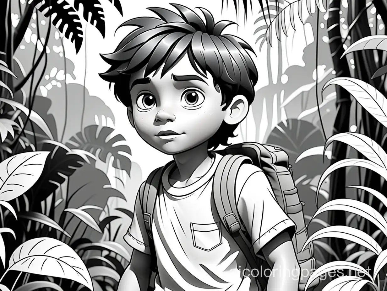 boy in jungle, Coloring Page, black and white, line art, white background, Simplicity, Ample White Space. The background of the coloring page is plain white to make it easy for young children to color within the lines. The outlines of all the subjects are easy to distinguish, making it simple for kids to color without too much difficulty