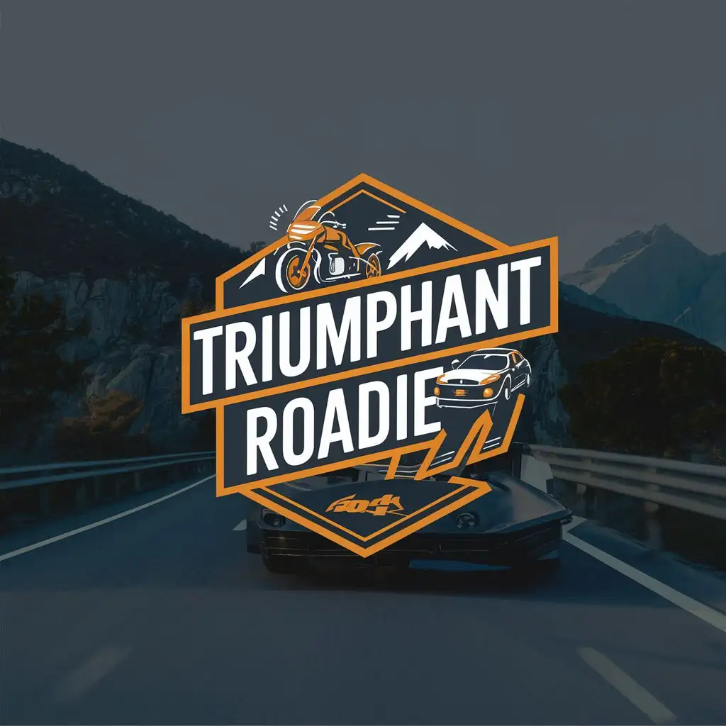 logo, Roadster Motorcycle and car riding on a road or mountains, with the text "Triumphant Roadie", typography, be used in Travel industry