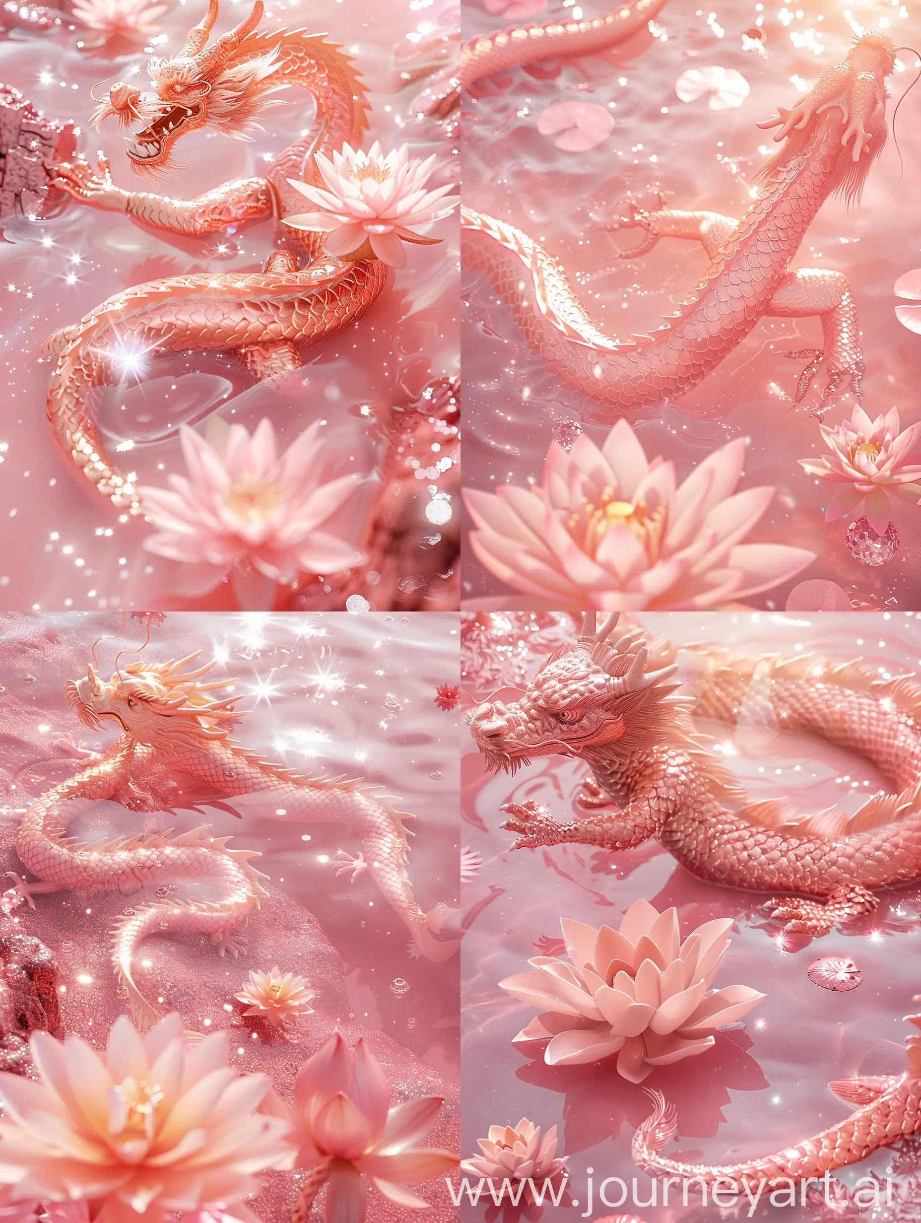 一只桃粉色的中国龙，在波光粼粼的粉色水中盘旋，粉红色的莲花漂浮在水面上，闪闪发光的龙鳞，超现实主义摄影