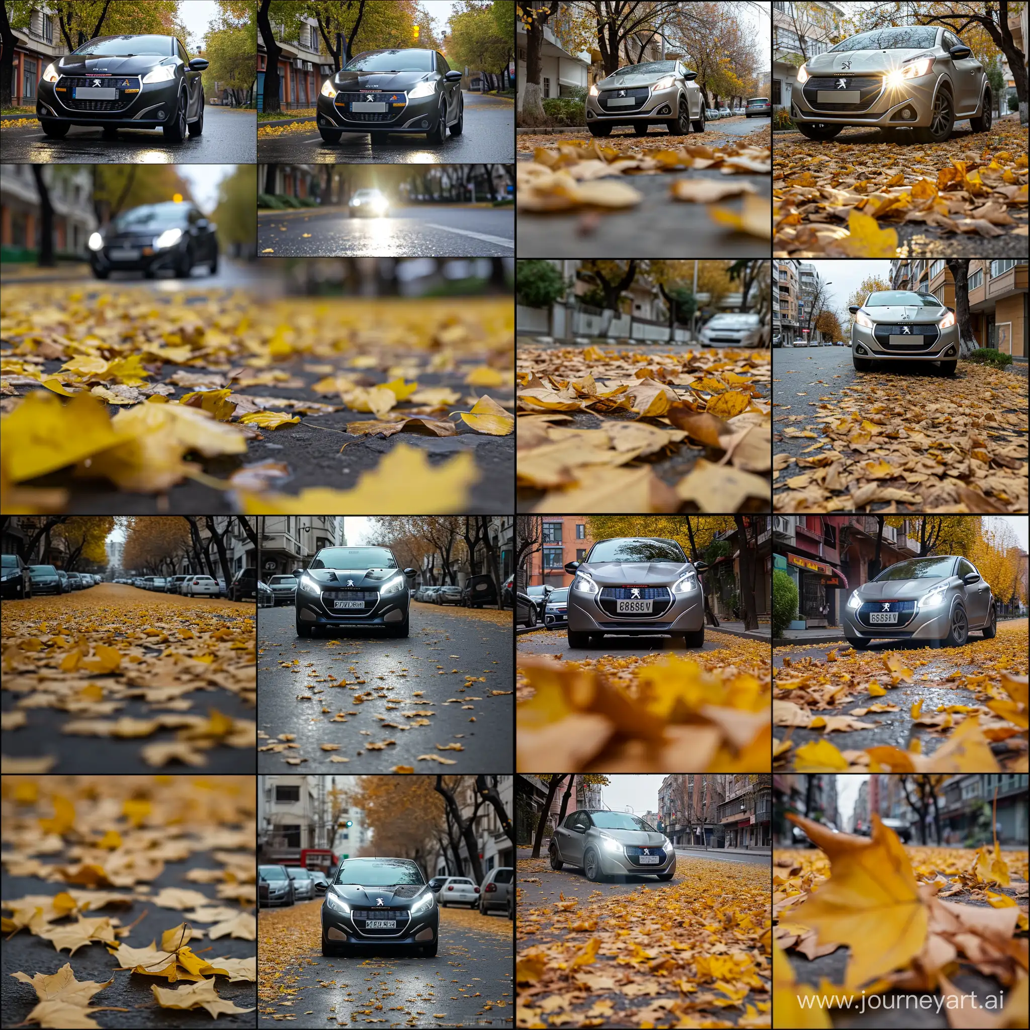 a Iranian peugeot 207 plus with high beam front light in day in a street that has a lot of yellow leaves on the ground and the car be close not far from the camera. give ,me 4 photos in different aspect of view. one from front side and the rest. the car be near to camera not far