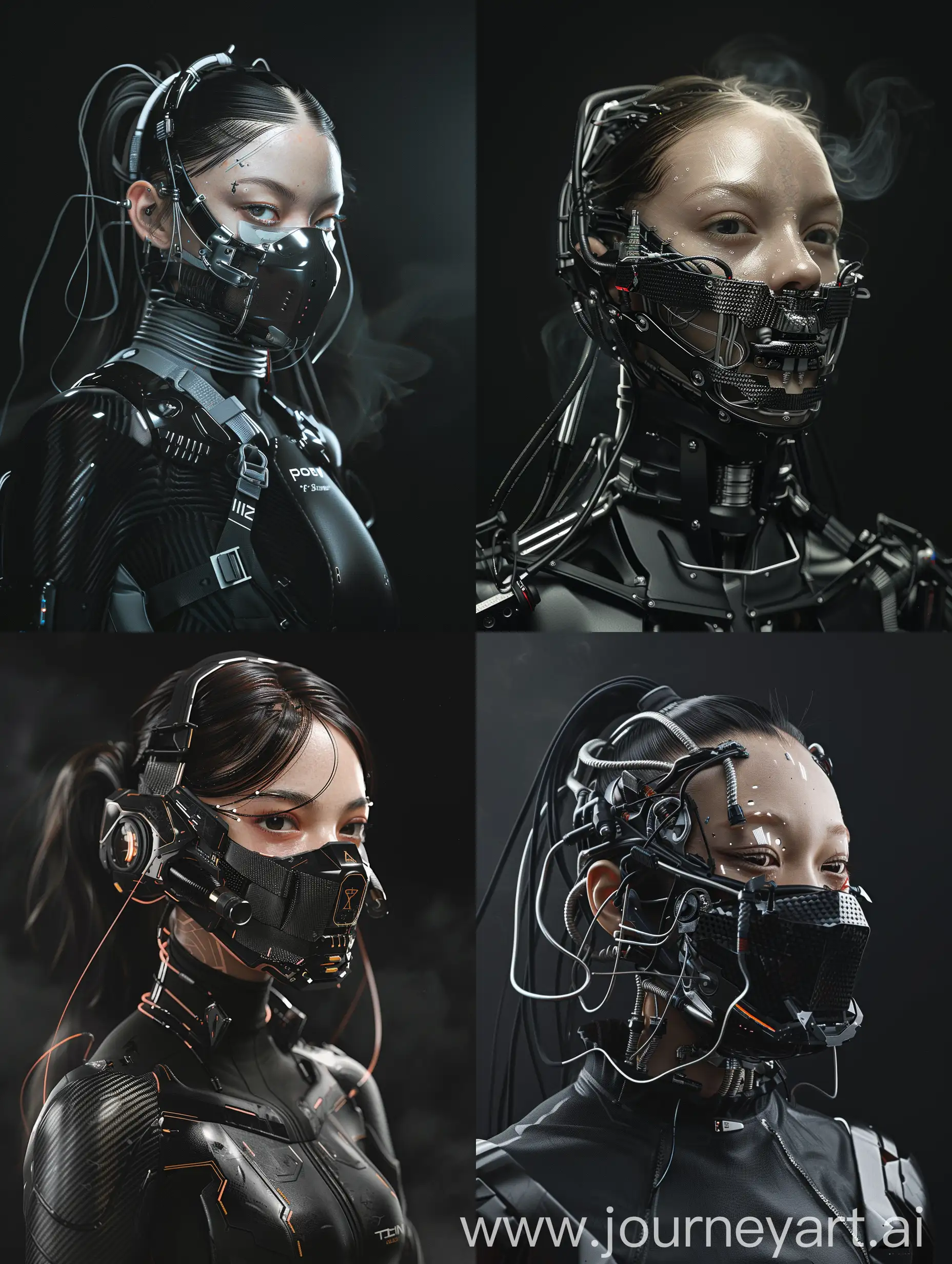 Against a sleek black backdrop, witness the captivating presence of a Beautiful characther adorned with a cybernetic mouth-covering mask. It seamlessly merges cutting-edge technology with intricate details, showcasing carbon fiber textures, sleek aluminum accents, and pulsating wires. Symbolizing the delicate equilibrium between humanity and machine, her appearance embodies the essence of a futuristic cyberpunk aesthetic, further accentuated by Supreme-inspired add-ons. With dynamic movements reminiscent of action-packed film sequences, accompanied by cinematic haze and an electric energy, she exudes an irresistible allure that commands attention