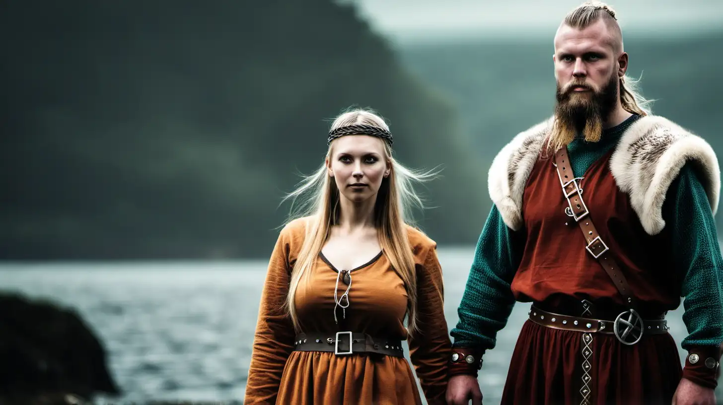Viking Man and Woman Embracing in Nordic Wilderness