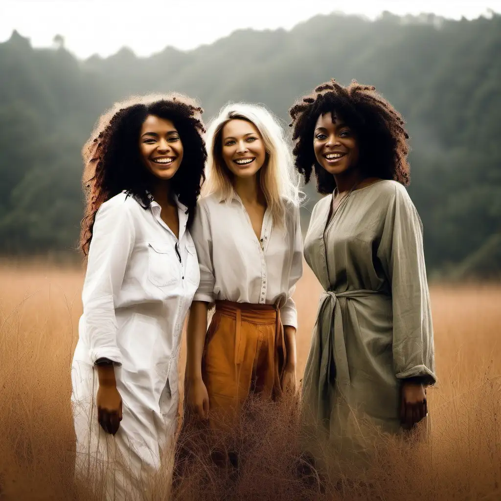 create me a humanised picture of 2 women in nature with a white background and they are diverse ethnicities and they are standing up max 3 women. make them smile