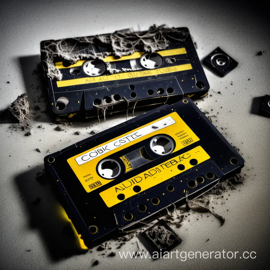 черно-желтые аудиокассеты,  покрытые пылью, паутиной и мусором
