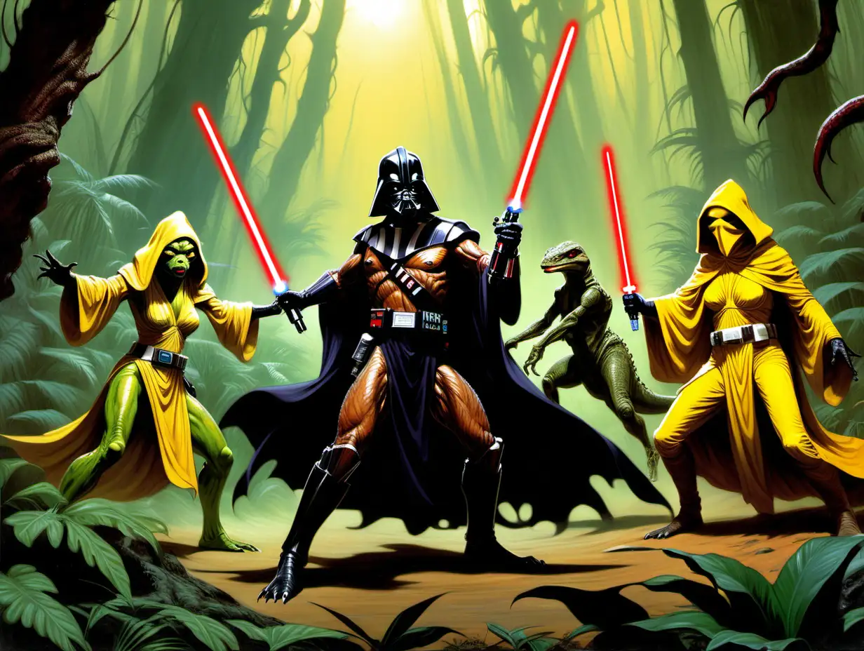 There are 2 subjects.
Subject 1 is buff frilled carnivorous anthropromorphised dinosaur sith lord wielding red lightsaber and wearing black robes.
Subject 2 is sexy anthropromorphised platypus jedi wielding yellow lightsaber and wearing brown robes.
Subject 1 and Subject 2 are dueling in an alien bromeliad swamp. 
It is in the style of Frank Frazetta. It is set in the Star Wars universe.