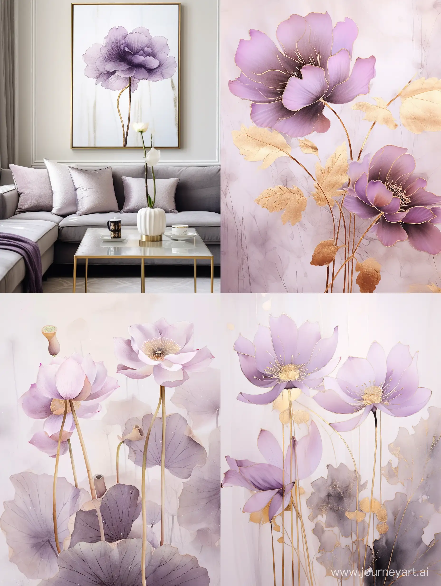 Luxurious Chinese painting, high definition, flickering light purple lotus flowers watercolor in crystal, earthy tones, golden shimmering golden metallic leave, 5D abstract